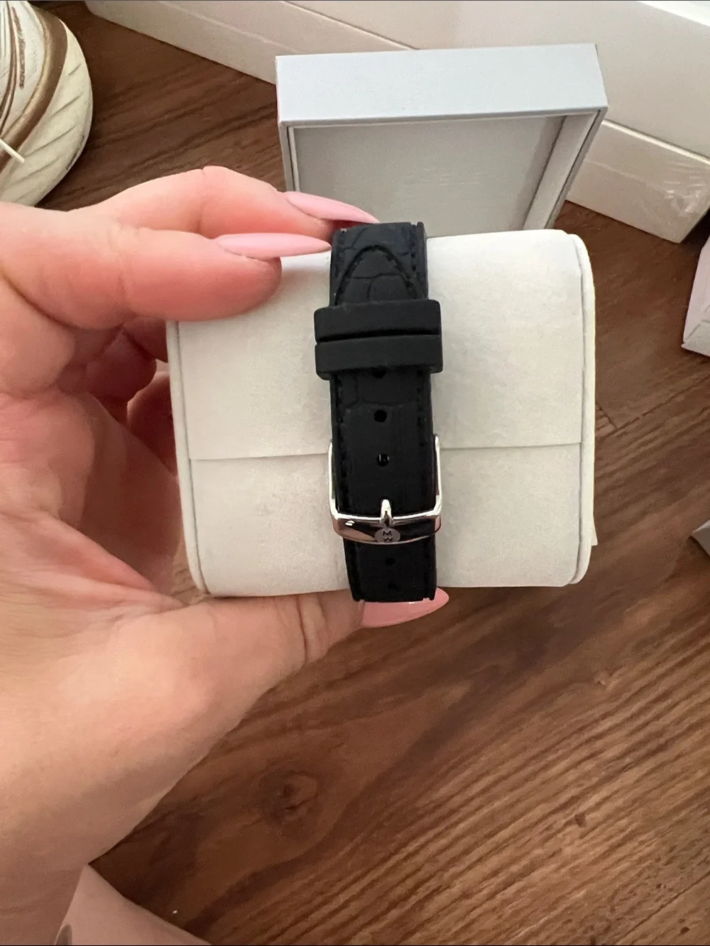 Michele Silver Square Case Watch with Black Strap